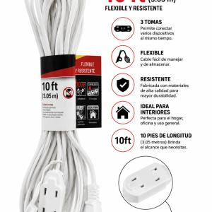 Extensión Eléctrica Flexible de 10 ft (3.05 m) con 3 Tomas