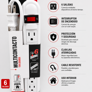 Multicontacto Tipo Barra con 6 Salidas e Interruptor